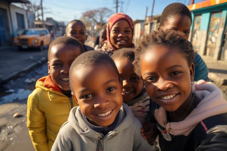 Smiling schoolchildren in a community setting